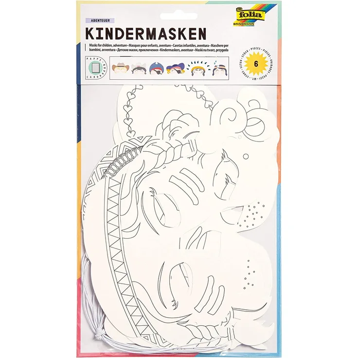 folia 23219 - Kindermasken Abenteuer, aus Pappe, Motive sortiert, 6 Stück, weiß, zum selbst Bemalen und Gestalten, für Kinder, Jungen und Mädchen, ideal für Kindergeburtstage und Partys