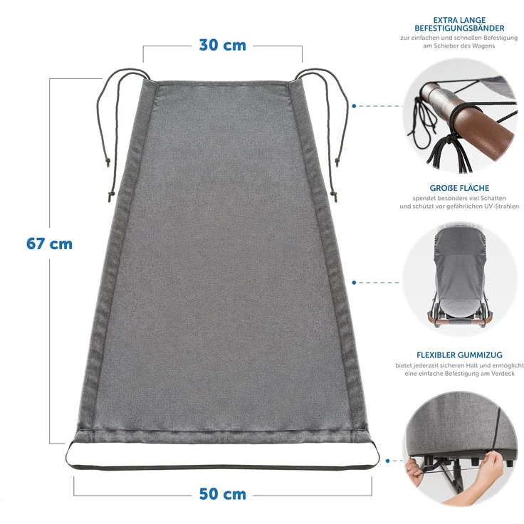 Zamboo Universal Sonnensegel DELUXE für Kinderwagen Babywanne - reißfester Sonnenschutz mit UV Schutz Beschichtung 50+ und Rollo-Funktion - Melange Grau – Bild 7