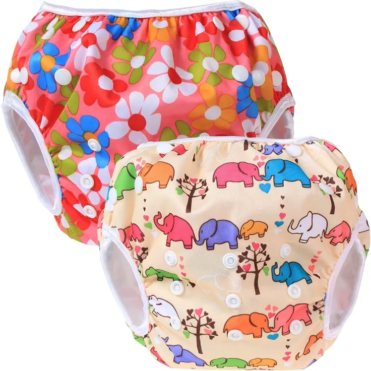 Teamoy 2-teilig Baby Schwimmhose Badewindelhose Badehose (Flowers Pink+ Elephants)