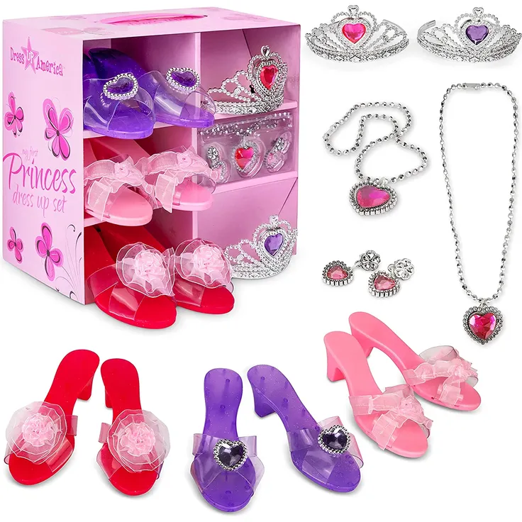 Dress Up America Anziehschuhe für kleine Mädchen - Prinzessinnen-Anziehset enthält Schmuck und 3 Paar Prinzessinnenschuhe, 2 Diademe, Ohrringe und Halskette, Geschenkset zum Spielen für kleine Mädchen