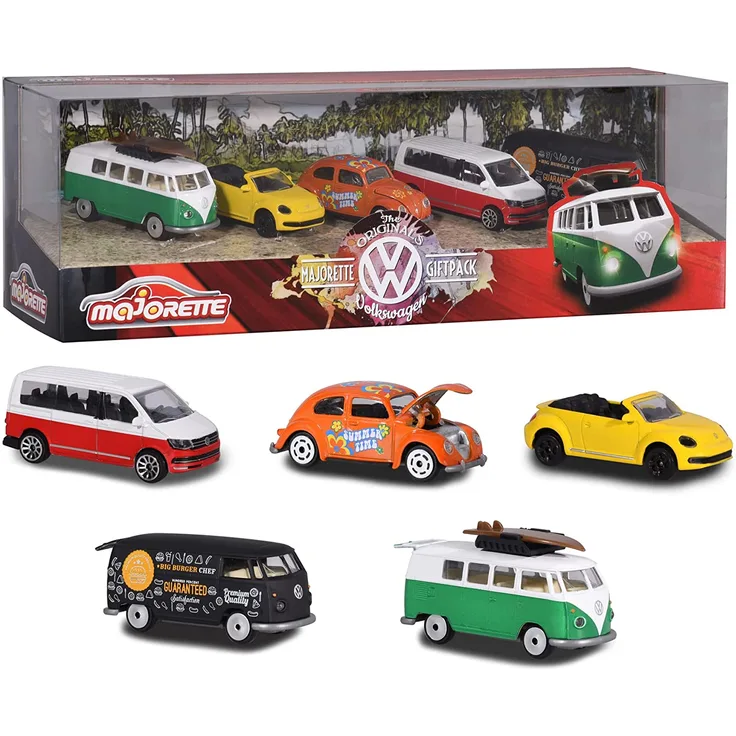 Majorette Volkswagen Originals 5er-Geschenkset, Spielzeugautos mit Freilauf aus Metall, zu öffnende Teile, 7,5 cm - Preisvergleich
