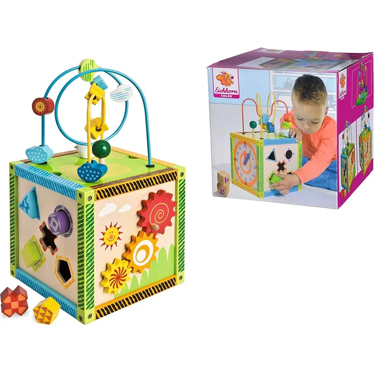 Eichhorn buntes Spielcenter, Motorikwürfel mit Motorikschleife, Uhr, Motorikspiel, Drehspiel und 5 Steckbausteine, für Kinder ab 1 Jahr, Größe: 20x20x36 cm