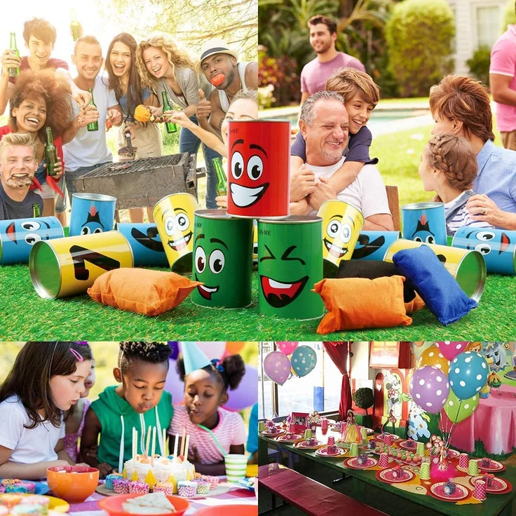 Ulifeme Dosenwerfen Kinder, Dosenwurfspiel für Kindergeburtsta & Andere Party, 10pcs Lächeln Dosen & 3pcs Bunt Wurfsäckchen Set für Gartenspiele, Dosen Werfen Spiele Gifts for Kinder & Erwachsene – Bild 7