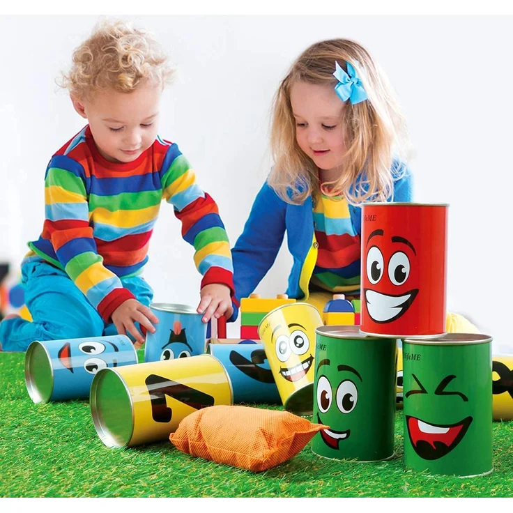 Ulifeme Dosenwerfen Kinder, Dosenwurfspiel für Kindergeburtsta & Andere Party, 10pcs Lächeln Dosen & 3pcs Bunt Wurfsäckchen Set für Gartenspiele, Dosen Werfen Spiele Gifts for Kinder & Erwachsene – Bild 6