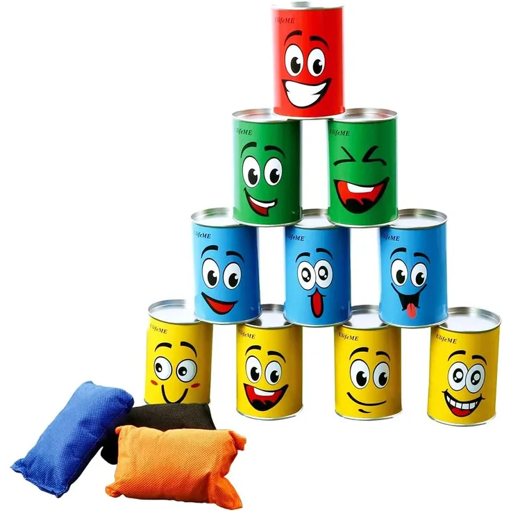 Ulifeme Dosenwerfen Kinder, Dosenwurfspiel für Kindergeburtsta & Andere Party, 10pcs Lächeln Dosen & 3pcs Bunt Wurfsäckchen Set für Gartenspiele, Dosen Werfen Spiele Gifts for Kinder & Erwachsene