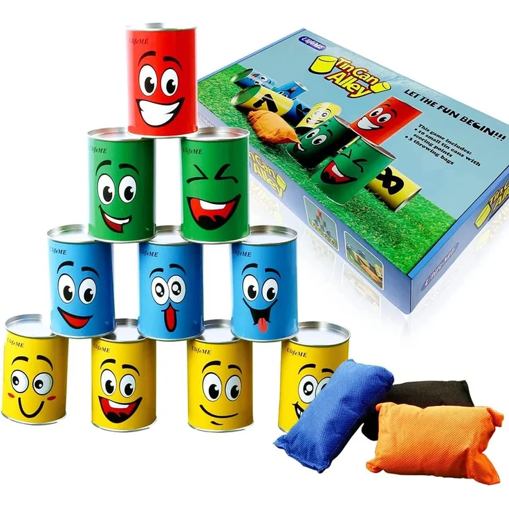 Ulifeme Dosenwerfen Kinder, Dosenwurfspiel für Kindergeburtsta & Andere Party, 10pcs Lächeln Dosen & 3pcs Bunt Wurfsäckchen Set für Gartenspiele, Dosen Werfen Spiele Gifts for Kinder & Erwachsene – Bild 8