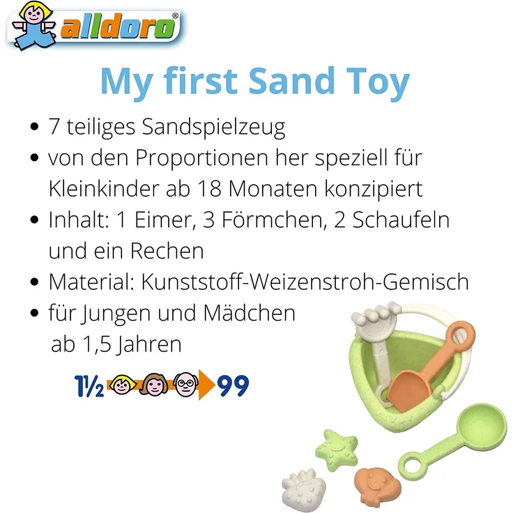 Mein erstes Sandspielzeug Set mit Eimer, 3 Schaufeln und 3 FÃ¶rmchen, ab 18 Monaten, Verwendung nachhaltiger Rohstoffe – Bild 4