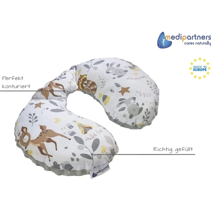 Medi Partners NACKENKISSEN Kinder Nacken Nackenstütze 100% Baumwolle/Minky Baby Nackenhörnchen für auto Kinderwagen autofahrt reisen Schlaf Hals kissen Schlummerrolle (Reh mit grauem Minky) – Bild 2