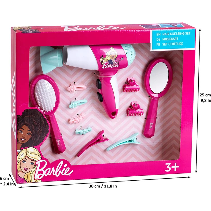 Theo Klein 5790 Barbie Frisierset mit Haartrockner, Spielzeug-Set mit batteriebetriebenem Spiel-Fön, Haarbürste, Handspiegel, Haarklammern und Haarspangen, Spielzeug ab 3 Jahre – Bild 3