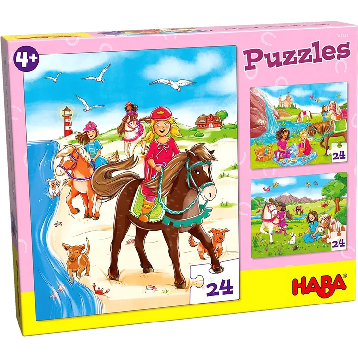 HABA 304221 - Puzzles Pferdefreundinnen, 3 Puzzles mit je 24 Teilen; 3 unterschiedliche Pferde- und Reitmotive, Puzzlespaß ab 4 Jahren