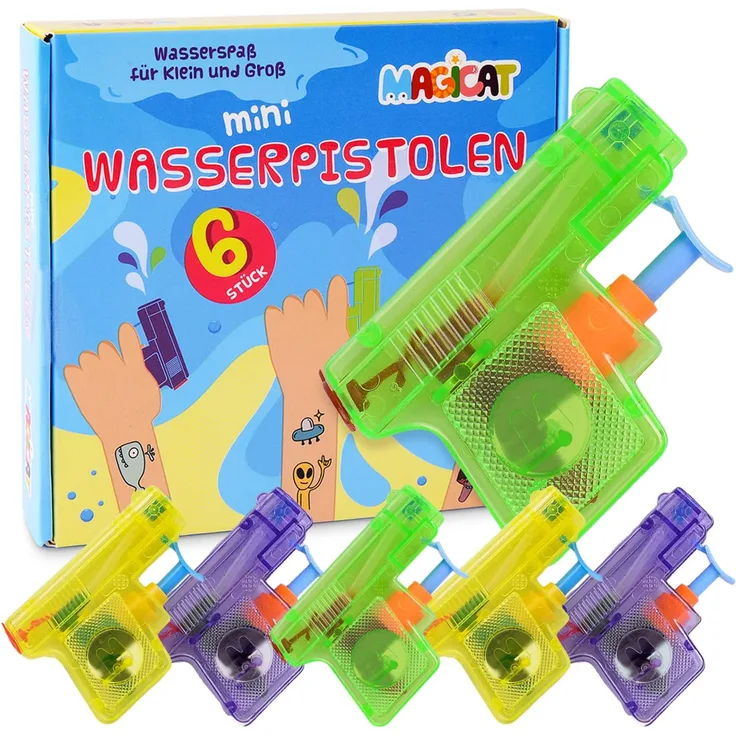 Magicat Premium Wasserpistolen Set, 6 Pistolen für Klein und Groß, perfektes Wasserspielzeug für Kinder und Erwachsene, Sommer Spielzeug für Garten und Pool, optimales Geschenk und Mitgebsel