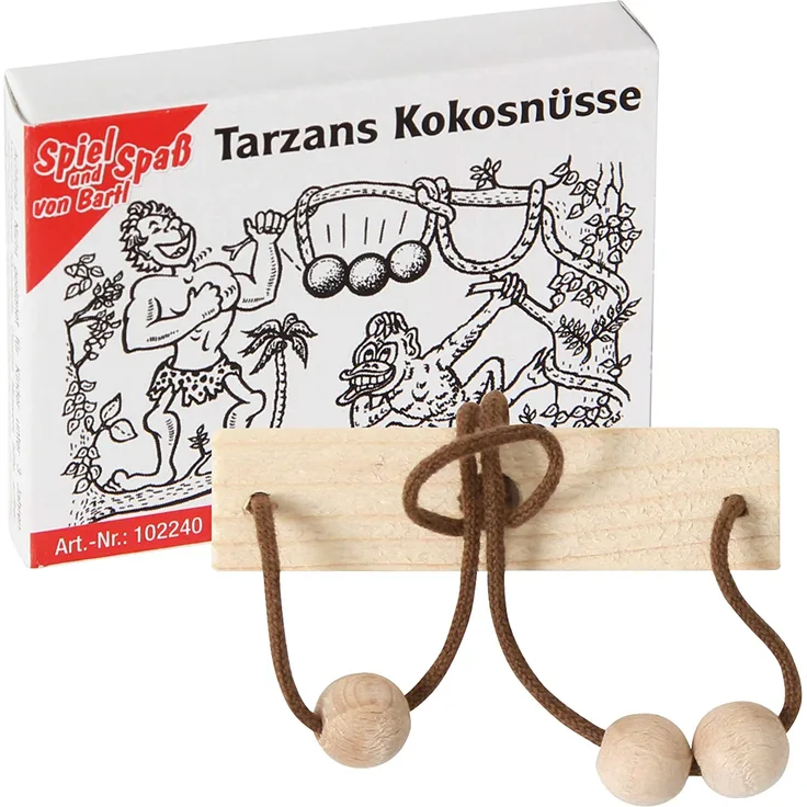 Bartl 102240 Mini-Holz-Puzzle Tarzans Kokosnüsse aus einem Holzbrettchen mit Schnur und 2 Holzperlen