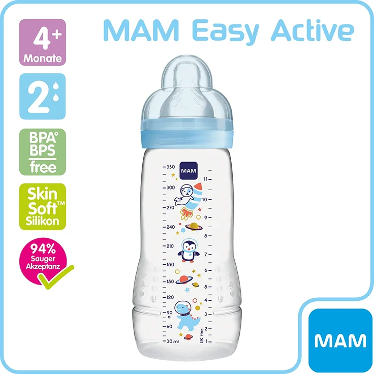 MAM Easy Active Trinkflasche (330 ml), Baby Trinkflasche inklusive MAM Sauger Größe 2 aus SkinSoft Silikon, Milchflasche mit ergonomischer Form, 4+ Monate, Weltall – Bild 3