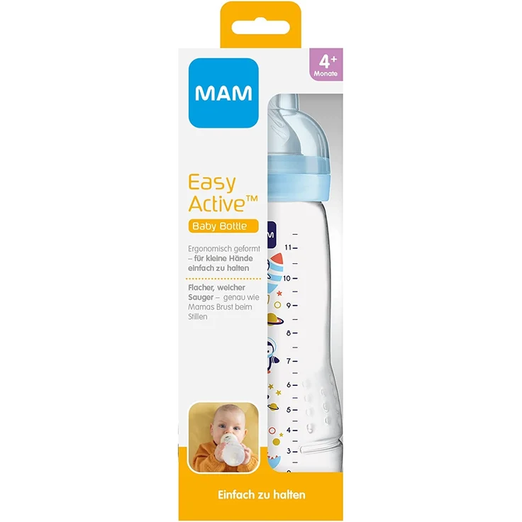 MAM Easy Active Trinkflasche (330 ml), Baby Trinkflasche inklusive MAM Sauger Größe 2 aus SkinSoft Silikon, Milchflasche mit ergonomischer Form, 4+ Monate, Weltall – Bild 2