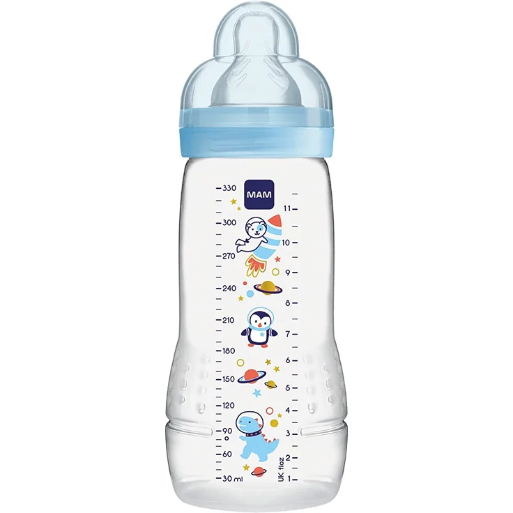 MAM Easy Active Trinkflasche (330 ml), Baby Trinkflasche inklusive MAM Sauger Größe 2 aus SkinSoft Silikon, Milchflasche mit ergonomischer Form, 4+ Monate, Weltall – Bild 1