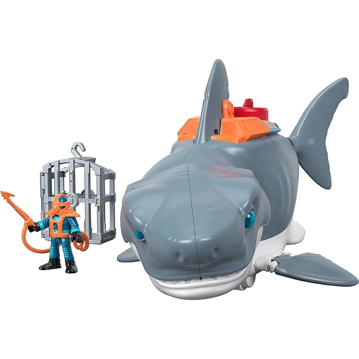 Imaginext GKG77 - Großer Spielzeug-Hai mit Taucher-Figur, Käfig und Zubehör, macht Kaubewegungen und realistische Schwimmbewegungen, ab 3 Jahren – Bild 5