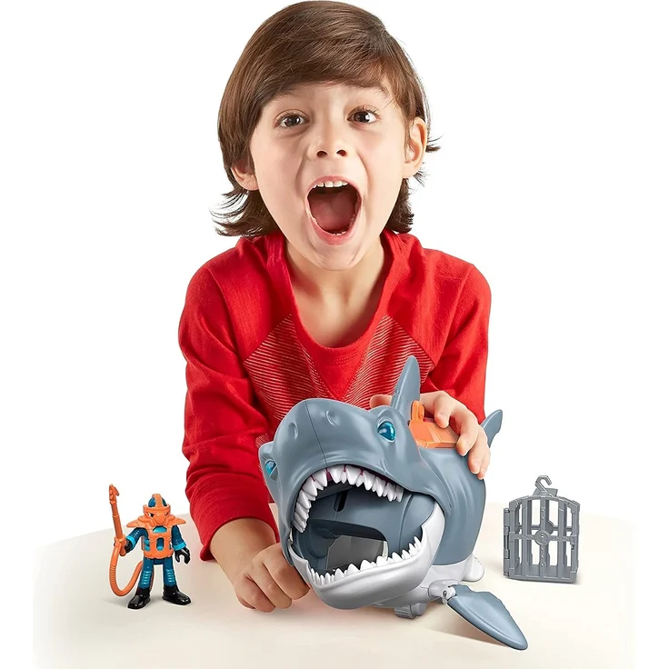 Imaginext GKG77 - Großer Spielzeug-Hai mit Taucher-Figur, Käfig und Zubehör, macht Kaubewegungen und realistische Schwimmbewegungen, ab 3 Jahren – Bild 7