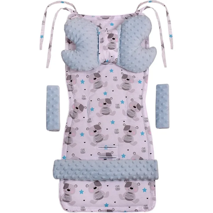 Universal Sitzauflage Kinderwagen & Buggys Sitzeinglage Kinderwagendecke5tgl. Gurtpolster + Spielbogen Kinderwagenset MINKY Baumwolle Medi Partners (Teddybear mit hellblauen Minky)