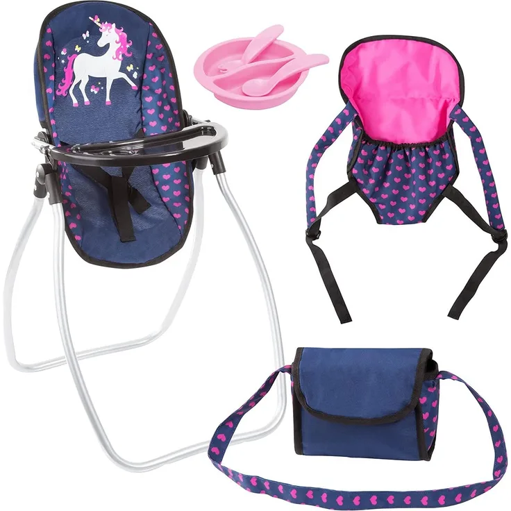 Bayer Design 63654AB Vario Set 9 in 1 mit Hochstuhl, Tasche, Trage, Teller, Gabel, Löffel, Puppenzubehör, blau rosa Einhorn