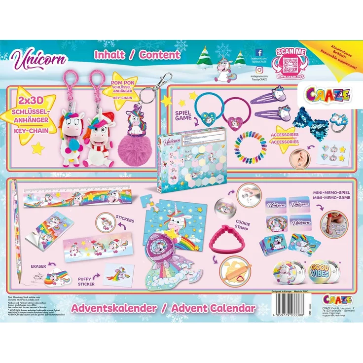 CRAZE Adventskalender UNICORN Einhorn Weihnachtskalender 2021 für Mädchen Jungen Spielzeugkalender 24 tolle Kinder Überraschungen 33388 – Bild 2