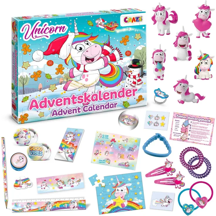 CRAZE Adventskalender UNICORN Einhorn Weihnachtskalender 2021 für Mädchen Jungen Spielzeugkalender 24 tolle Kinder Überraschungen 33388