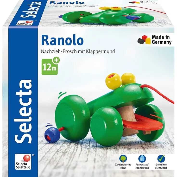 Selecta 62033 Ranolo, Nachzieh Frosch, Schiebe-und Nachziehspielzeug aus Holz, 11 cm