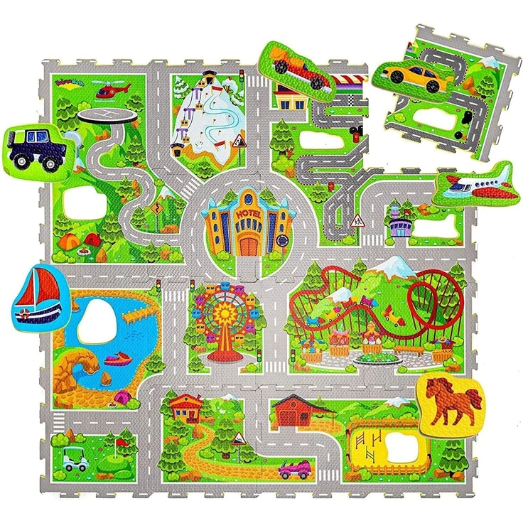 Hakuna Matte Puzzlematte für Babys Urlaub 1,2x1,2m – 16 Puzzlematten mit Straßen und 11 Autos – 20% dickere Spielmatte in einer umweltfreundlichen Verpackung – Schadstofffreie, geruchlose Krabbelmatte – Bild 1