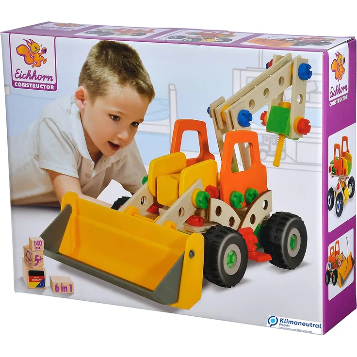 Eichhorn 100039057 Constructor Radlader vielseitiges Holzspielzeug, 140 Bauteile, 6 verschiedene Konstruktionen, für Kinder ab 6 Jahren, 100 Prozent FSC Holz