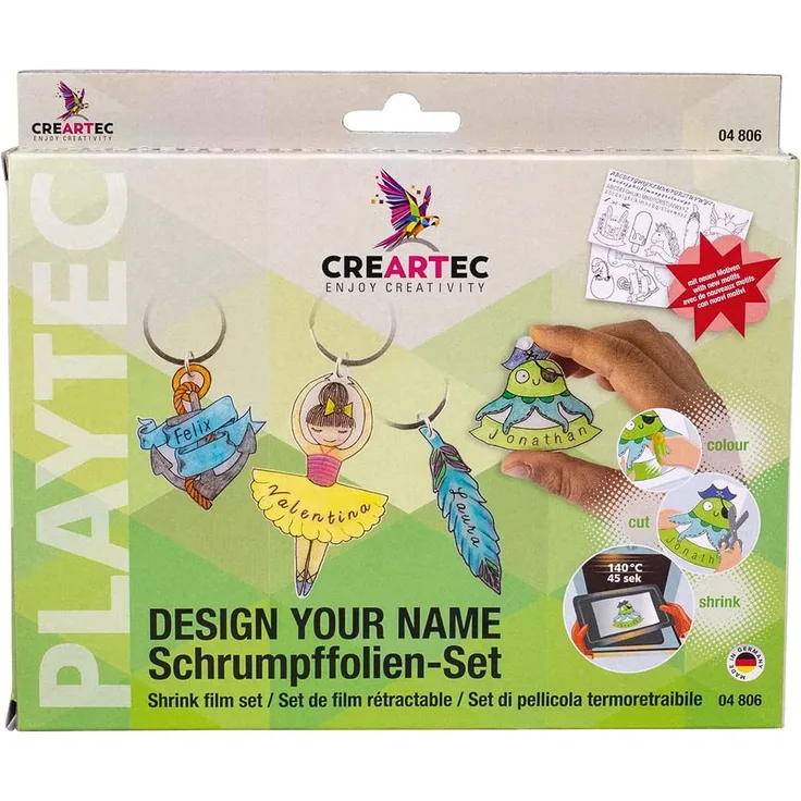 CREARTEC - Schrumpffolien-Set 'Design your Name' - Bastelset zum Herstellen von individuellen Namensschildern und Anhängern - Made in Germany
