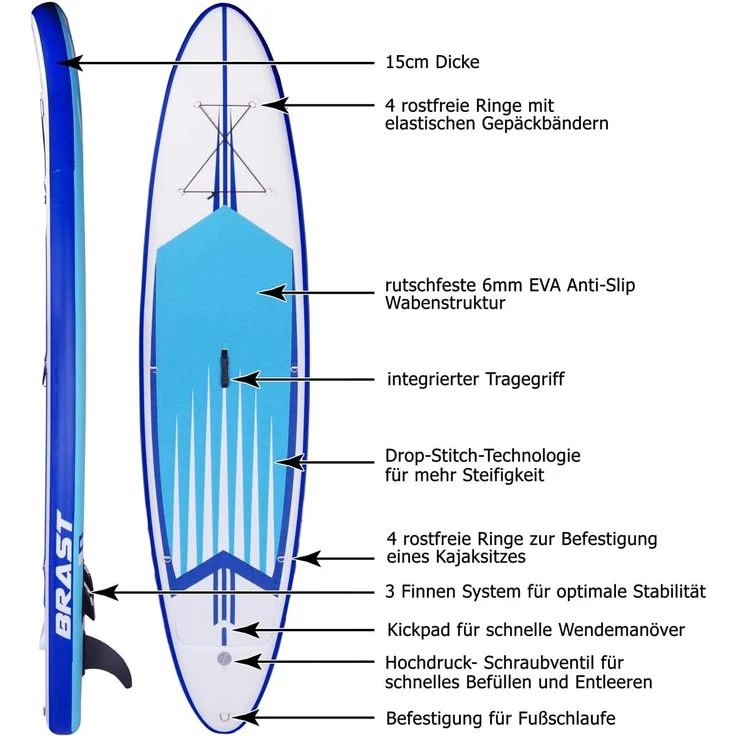 BRAST SUP Board Pro Aufblasbares Stand up Paddle Set 320cm Blau incl. Zubehör Paddel Pumpe Rucksack – Bild 3