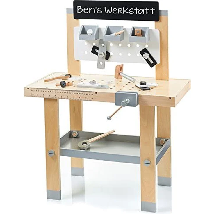 Unbekannt Große Werkbank aus Holz mit Zubehör (Natur-Silber-Weiß)