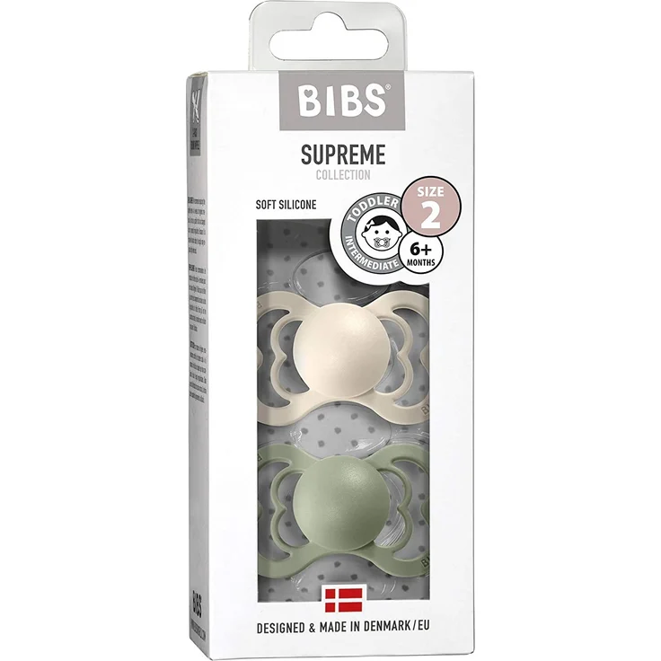 BIBS Supreme Schnuller 2er-Pack, BPA-frei, Symmetrischer Nippel. Silikon, Hergestellt in Dänemark. 6-18 Monate (2er Pack), Ivory / Sage – Bild 3