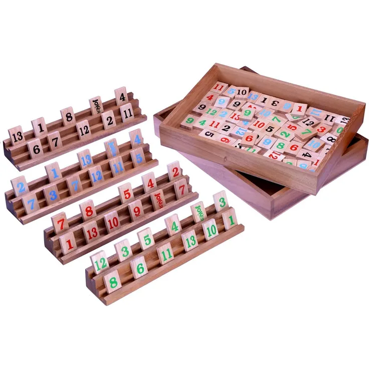 Rummy Okey für 2 bis 4 Spieler - 108 Spielsteine und 4 Halterungen im Holzkasten