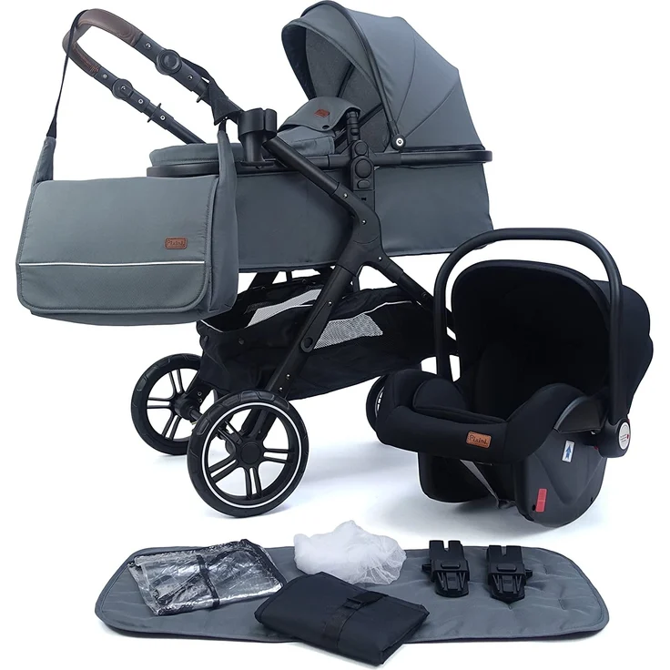 Pixini Kinderwagen Nelio 3in1 schwarz / oxford grau (inkl. Autositz, Regenplane, Wickeltasche,. ) – Bild 1