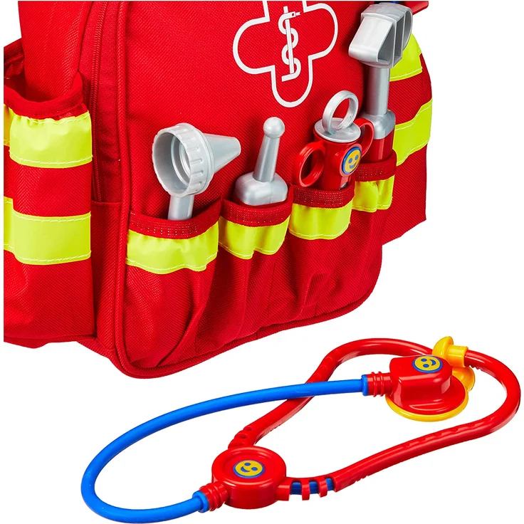 Theo Klein 4314 Rettungsrucksack I Mit Stethoskop, Spritze und vielem mehr I Elektronischer Blutdruckmesser mit Sound I Maße: 28 cm x 25 cm x 8,5 cm I Spielzeug für Kinder ab 3 Jahren, bunt – Bild 4