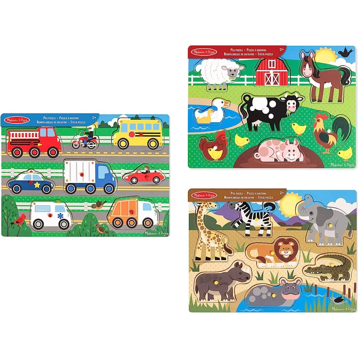 Melissa & Doug | Pack mit 3 | Steckpuzzles aus Holz – Bauernhoftiere Safari und Fahrzeuge. – Bild 1