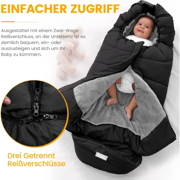 Orzbow Fußsack für Kinderwagen Buggy,Baby Fußsack Schlafsack,Babyfußsack für Babyschale,Winterfußsack mit Reißverschluss Waschbar Passend für Alle Kinderwagen (Schwarz,Groß) – Bild 4