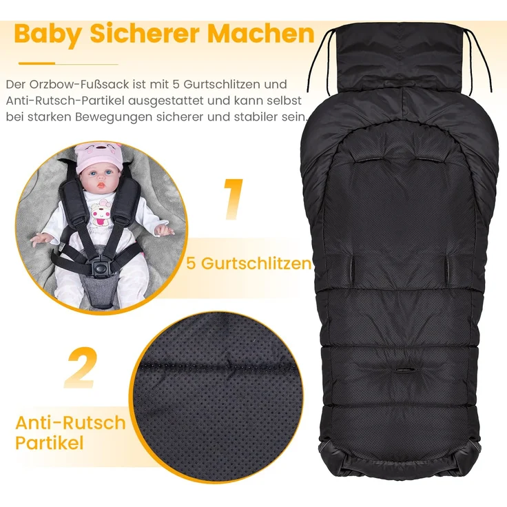Orzbow Fußsack für Kinderwagen Buggy,Baby Fußsack Schlafsack,Babyfußsack für Babyschale,Winterfußsack mit Reißverschluss Waschbar Passend für Alle Kinderwagen (Schwarz,Groß) – Bild 2