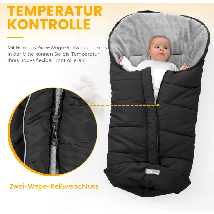 Orzbow Fußsack für Kinderwagen Buggy,Baby Fußsack Schlafsack,Babyfußsack für Babyschale,Winterfußsack mit Reißverschluss Waschbar Passend für Alle Kinderwagen (Schwarz,Groß) – Bild 3