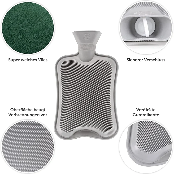 Blumtal Wärmflasche mit weichem Bezug - 1,8L Wärmeflasche, Bettflasche, Wärmflasche flauschig (Grün) – Bild 3