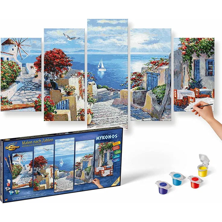 Schipper 609450797 Malen nach Zahlen, Mykonos - Bild malen für Erwachsene, inklusive Pinsel und Acrylfarben, 5 Bilder, Meisterklasse Polyptychon - Profi-Edition, 132 x 72 cm
