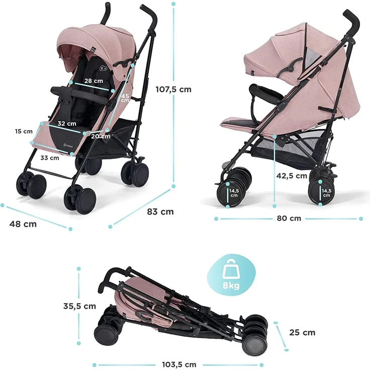 Kinderkraft Kinderwagen SIESTA, Leichte Reise Buggy, Verstellbare Rückenlehne, Liegeposition, Kleine Maße nach Zusammenklappen, Vergrößerbares Verdeck, Für ältere Kinder, bis 22 kg, Rosa – Bild 6