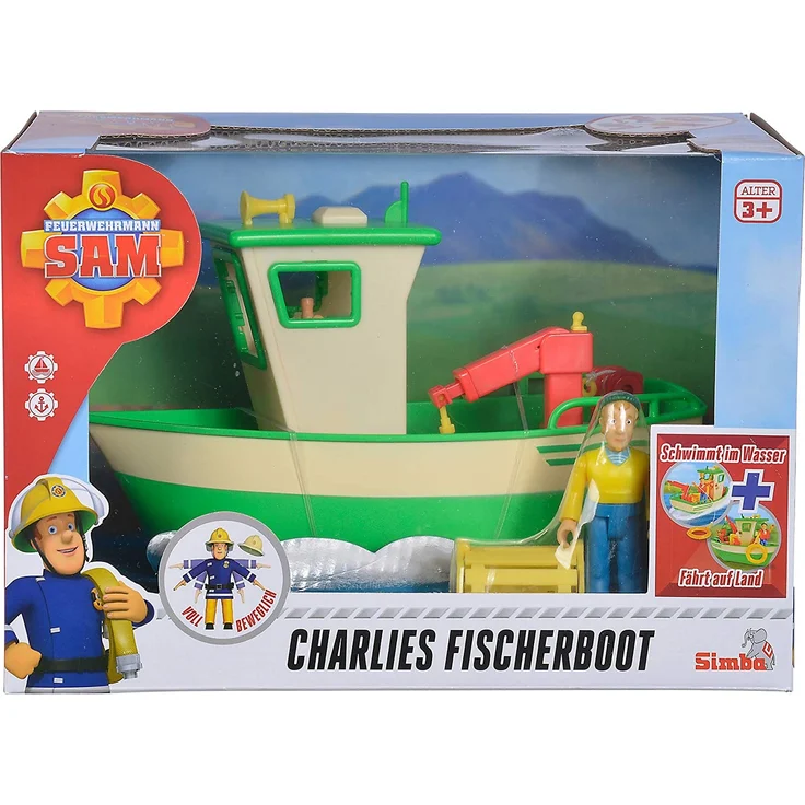 Simba 109251074 - Feuerwehrmann Sam Charlies Fischerboot, mit Charlie Figur, beweglicher Kran und mechanische Seilwinde, schwimmt auf dem Wasser, 19cm, für Kinder ab 3 Jahren – Bild 2