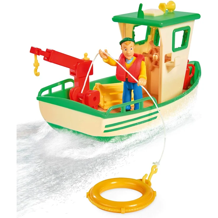 Simba 109251074 - Feuerwehrmann Sam Charlies Fischerboot, mit Charlie Figur, beweglicher Kran und mechanische Seilwinde, schwimmt auf dem Wasser, 19cm, für Kinder ab 3 Jahren – Bild 3
