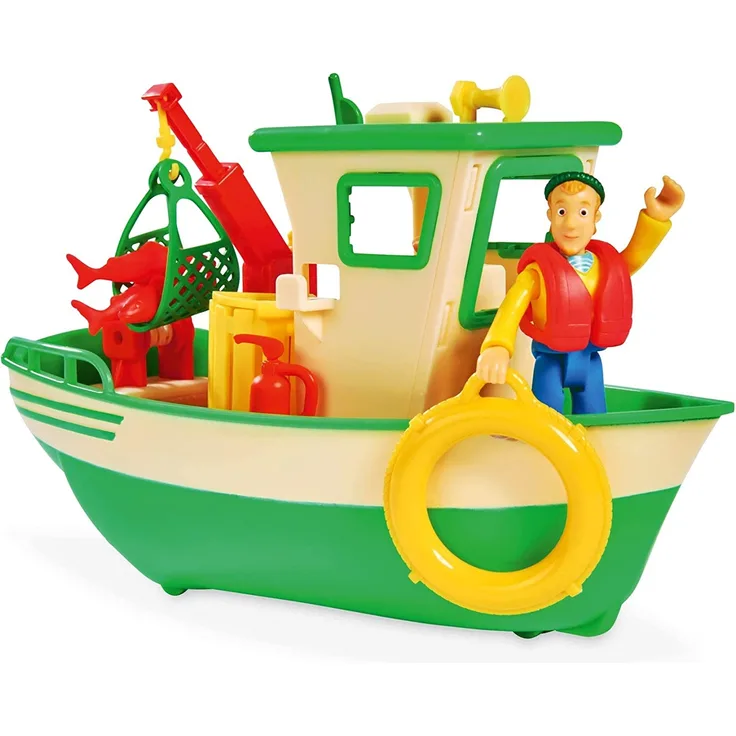 Simba 109251074 - Feuerwehrmann Sam Charlies Fischerboot, mit Charlie Figur, beweglicher Kran und mechanische Seilwinde, schwimmt auf dem Wasser, 19cm, für Kinder ab 3 Jahren