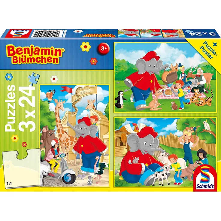 Schmidt Spiele 56400 Benjamin Blümchen, Im Zoo, 3x24 Teile Kinderpuzzle