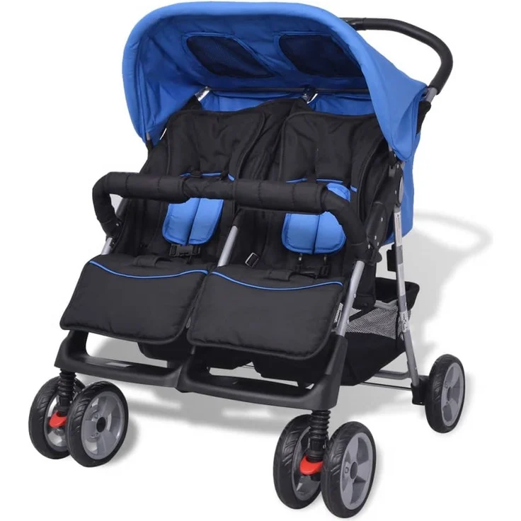 Baby Zwillingswagen Stahl Blau und Schwarz – Bild 1