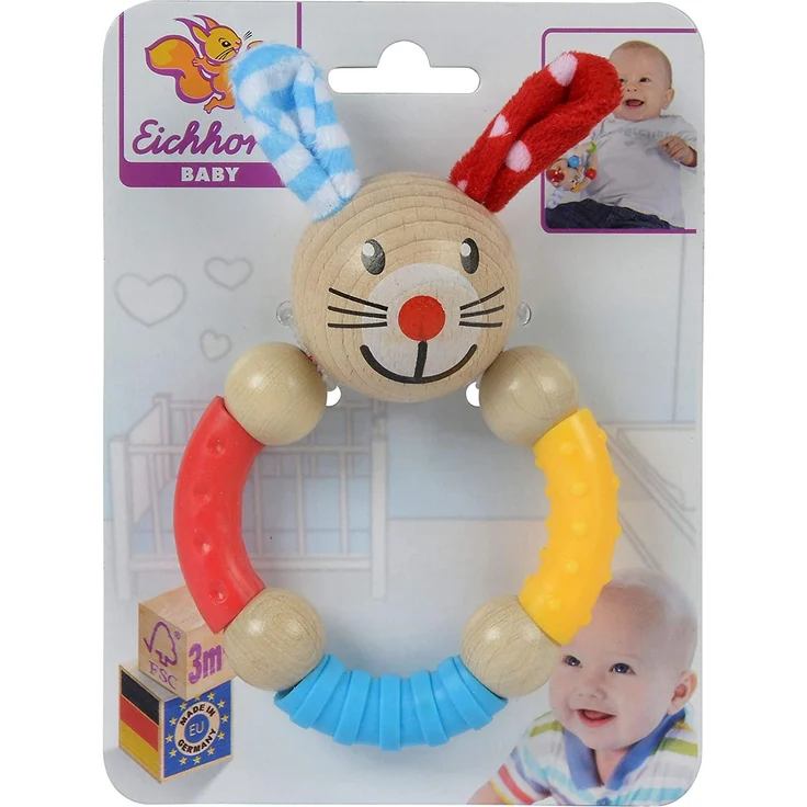 Eichhorn - Baby Greifring mit Hasenmotiv - aus FSC 100 Prozent zertifiziertem Buchenholz, farbiger Silikonring und Holzkugeln, 9x13,5cm, ab 3 Monaten – Bild 1