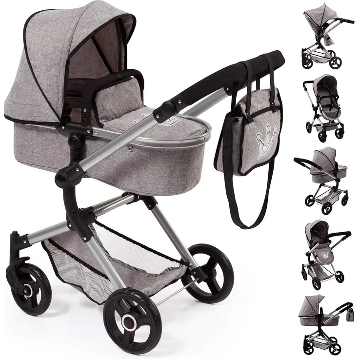 Bayer Design 18410AA Kombi Puppenwagen Vario mit Wickeltasche und Einkaufskorb, umwandelbar in einen Sportwagen, höhenverstellbar, modern, Grau