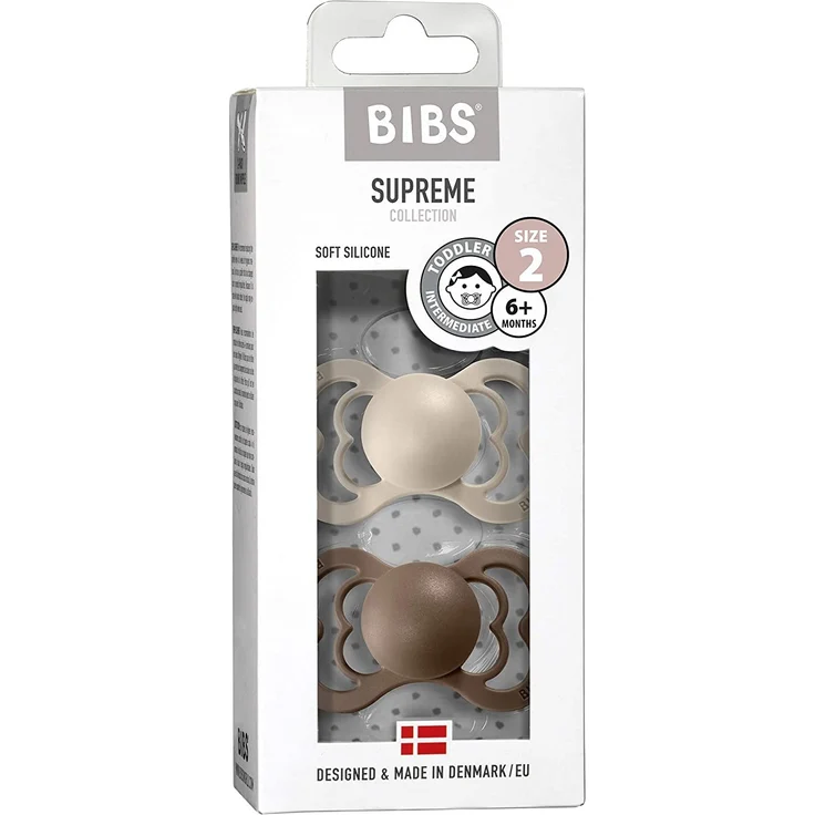 BIBS Supreme Schnuller 2er-Pack, BPA-frei, Symmetrischer Nippel. Silikon, Hergestellt in Dänemark. 6-18 Monate (2er Pack), Vanilla / Dark Oak – Bild 3